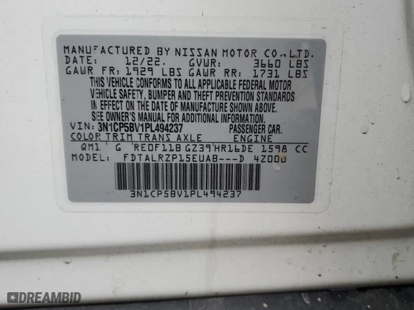 2023 Nissan Kicks S with VIN 3N1CP5BV1PL494237, listed as a Copart auction lot 46477515 with 0 mi miles and Clean Title. Bid and sale history available at carsss.com. Image 12.
