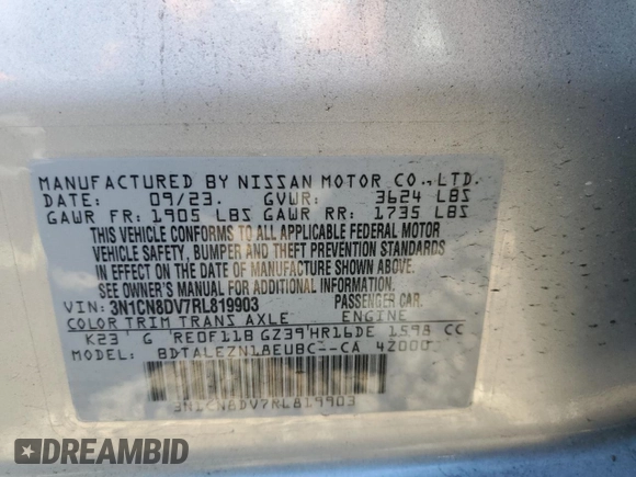 2024 Nissan Versa S with VIN 3N1CN8DV7RL819903, listed as a Copart auction lot 42855805 with 17,120 mi miles and Salvage Title. Bid and sale history available at carsss.com. Image 12.