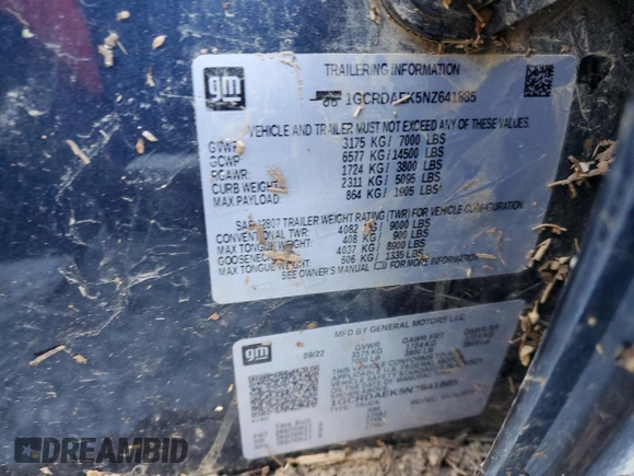 2022 Chevrolet Silverado 1500 Work Truck with VIN 1GCRDAEK5NZ641885, listed as a Copart auction lot 74668384 with Not Provided miles and Salvage Title. Bid and sale history available at DreamBid. Image 13.