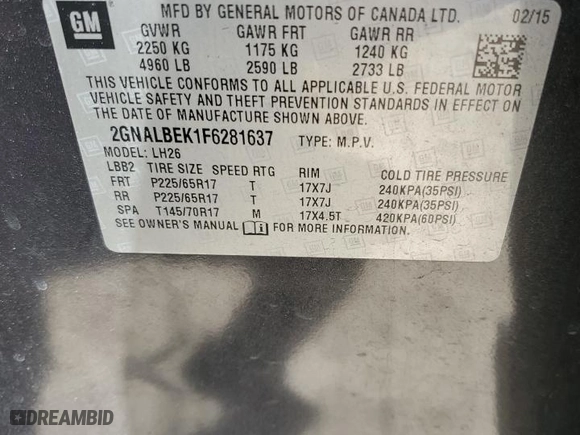 2015 Chevrolet Equinox LT with VIN 2GNALBEK1F6281637, listed as a Copart auction lot 48279815 with 137,158 mi miles and Salvage Title. Bid and sale history available at carsss.com. Image 16.