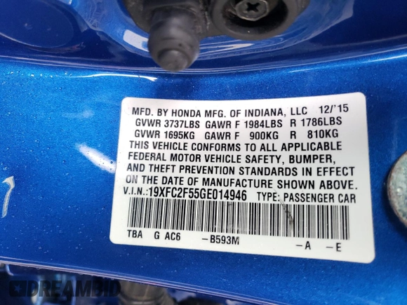 2016 Honda Civic Sedan LX with VIN 19XFC2F55GE014946, listed as a Copart auction lot 48106205 with 32,324 mi miles and Salvage Title. Bid and sale history available at carsss.com. Image 14.