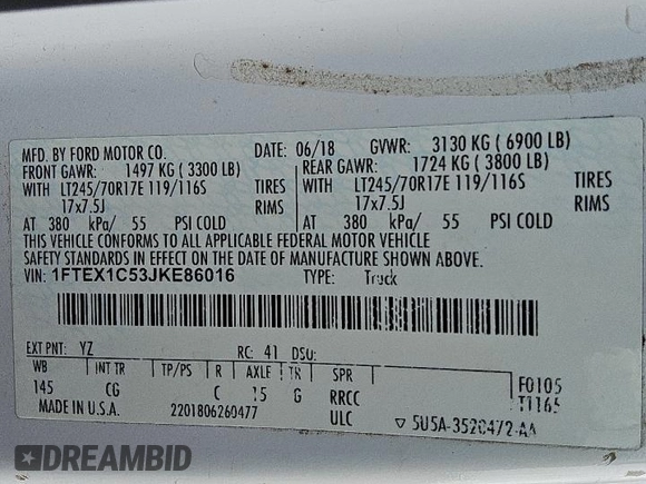 2018 Ford F-150 XL с VIN 1FTEX1C53JKE86016, выставлен на аукционе Copart как лот 62468835 с пробегом 58 204 миль миль и Чистый • Clean title. История ставок и продаж доступна на DreamBid. Изображение 12.