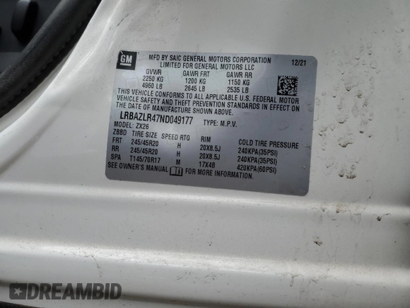 2022 Buick Envision Preferred with VIN LRBAZLR47ND049177, listed as a Copart auction lot 44142335 with 38,641 mi miles and Salvage Title. Bid and sale history available at carsss.com. Image 12.