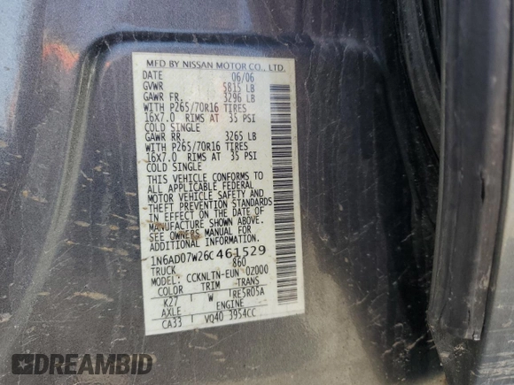 2006 Nissan Frontier SE with VIN 1N6AD07W26C461529, listed as a Copart auction lot 55181515 with 169,863 mi miles and Clean title. Bid and sale history available at DreamBid. Image 12.