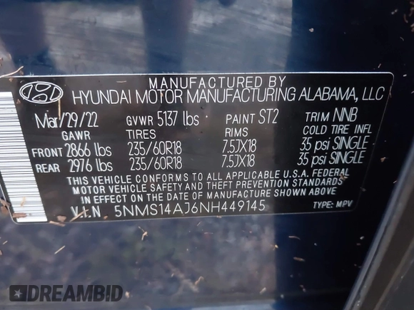 2022 Hyundai Santa Fe SE with VIN 5NMS14AJ6NH449145, listed as a IAAI auction lot 40491612 with 21,488 mi miles and . Bid and sale history available at DreamBid. Image 9.