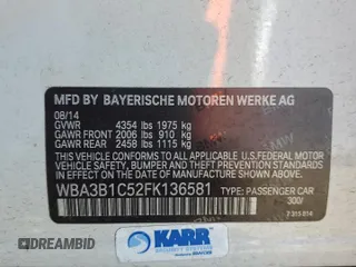2015 BMW 3 Series 320i with VIN WBA3B1C52FK136581, listed as a Copart auction lot 52803405 with 138,495 mi miles and Salvage Title. Bid and sale history available at carsss.com. Image 12.