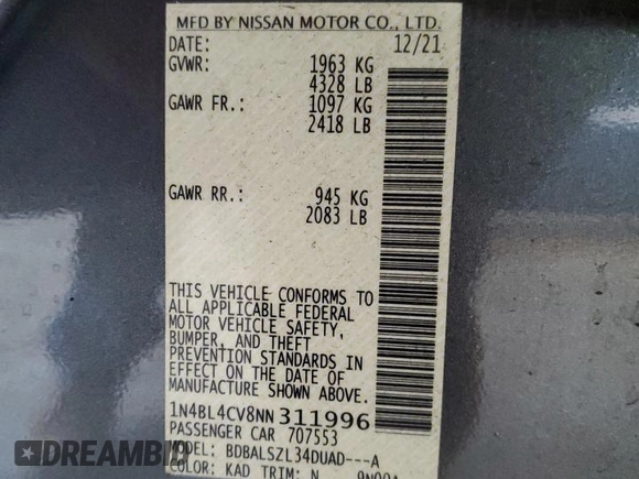 2022 Nissan Altima SR with VIN 1N4BL4CV8NN311996, listed as a Copart auction lot 44832225 with 30,976 mi miles and Salvage Title. Bid and sale history available at DreamBid. Image 12.