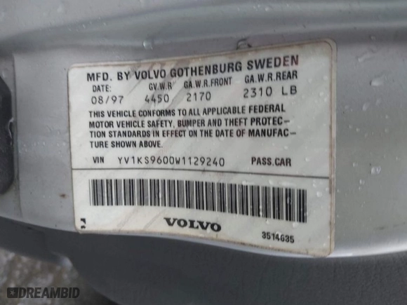1998 Volvo S90 with VIN YV1KS9600W1129240, listed as a IAAI auction lot 41564419 with 131,225 mi miles. Bid and sale history available at carsss.com. Image 9.
