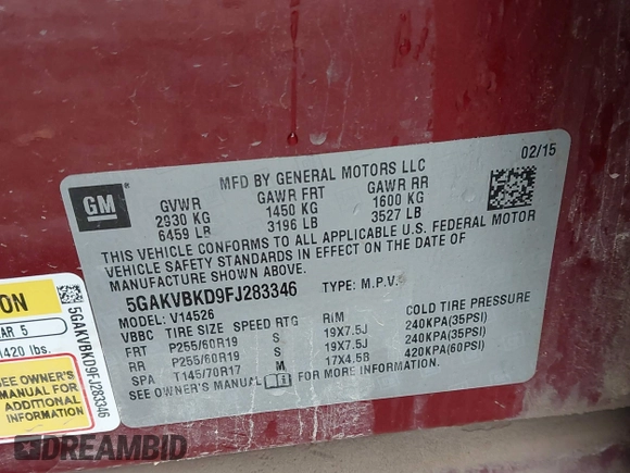 2015 Buick Enclave Leather with VIN 5GAKVBKD9FJ283346, listed as a IAAI auction lot 41499794 with 95,121 mi miles and . Bid and sale history available at carsss.com. Image 9.