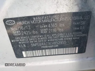 2014 Hyundai Sonata GLS with VIN 5NPEB4AC9EH852955, listed as a IAAI auction lot 42048474 with 107,357 mi miles and . Bid and sale history available at carsss.com. Image 9.