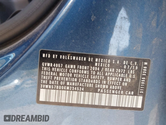 2019 Volkswagen Jetta S with VIN 3VWN57BU0KM234524, listed as a IAAI auction lot 42086777 with 60,304 mi miles and . Bid and sale history available at DreamBid. Image 9.