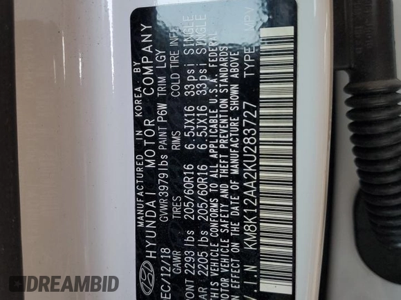 2019 Hyundai Kona SE with VIN KM8K12AA2KU283727, listed as a Copart auction lot 43118413 with 37,467 mi miles and . Bid and sale history available at DreamBid. Image 13.