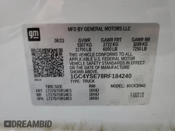 2024 Chevrolet Silverado 3500HD Work Truck with VIN 1GC4YSE78RF184240, listed as a Copart auction lot 71125204 with 20,056 mi miles and Non Repairable. Bid and sale history available at DreamBid. Image 12.
