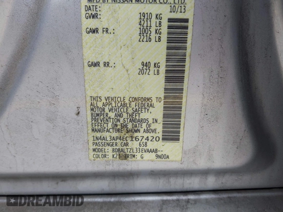 2014 Nissan Altima SL with VIN 1N4AL3AP4EC167420, listed as a IAAI auction lot 41815803 with 185,259 mi miles and . Bid and sale history available at DreamBid. Image 9.