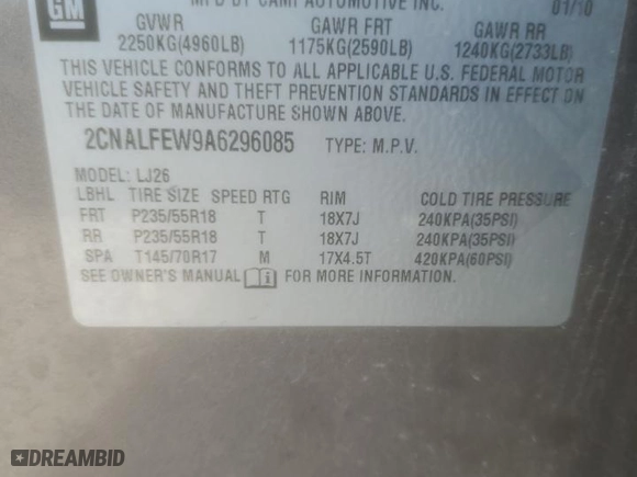 2010 Chevrolet Equinox LTZ with VIN 2CNALFEW9A6296085, listed as a Copart auction lot 43580715 with 170,202 mi miles and Salvage Title. Bid and sale history available at carsss.com. Image 13.