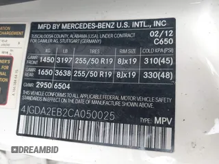 2012 Mercedes-Benz M 350 with VIN 4JGDA2EB2CA050025, listed as a IAAI auction lot 41743015 with Not Provided miles and . Bid and sale history available at DreamBid. Image 9.