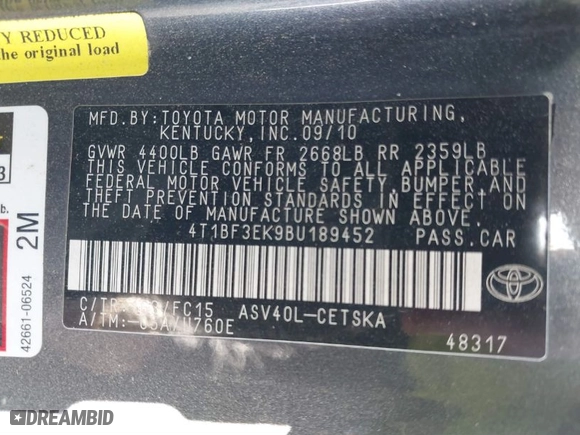 2011 Toyota Camry LE with VIN 4T1BF3EK9BU189452, listed as a IAAI auction lot 41751748 with 146,324 mi miles. Bid and sale history available at carsss.com. Image 9.