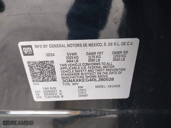 2024 Chevrolet Equinox LT with VIN 3GNAXKEG4RL280028, listed as a IAAI auction lot 41957580 with 20,818 mi miles. Bid and sale history available at carsss.com. Image 9.