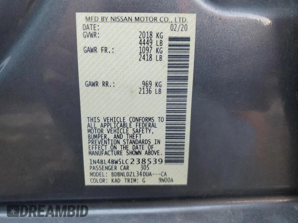 2020 Nissan Altima S with VIN 1N4BL4BW5LC238539, listed as a Copart auction lot 76790614 with 54,314 mi miles and Clean Title. Bid and sale history available at DreamBid. Image 13.
