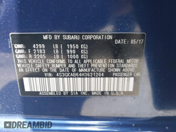 2017 Subaru Impreza Premium with VIN 4S3GKAB64H3621204, listed as a IAAI auction lot 42313988 with 126,626 mi miles and . Bid and sale history available at DreamBid. Image 9.
