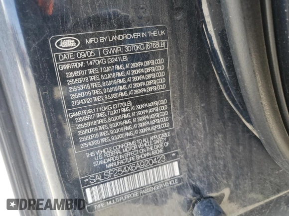 2006 Land Rover Range Rover Sport HSE with VIN SALSF254X6A920423, listed as a Copart auction lot 61099565 with 172,730 mi miles and Salvage title. Bid and sale history available at DreamBid. Image 14.