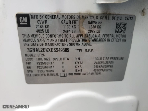 2014 Chevrolet Captiva Sport Fleet LS with VIN 3GNAL2EKXES549309, listed as a Copart auction lot 50630065 with 134,490 mi miles and Clean Title. Bid and sale history available at carsss.com. Image 13.