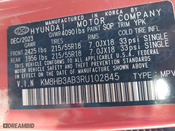2024 Hyundai Kona SEL with VIN KM8HB3AB3RU102845, listed as a IAAI auction lot 41642543 with 43,951 mi miles. Bid and sale history available at carsss.com. Image 9.
