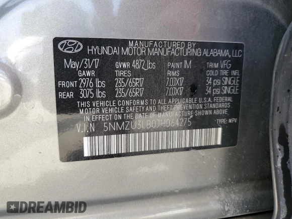 2018 Hyundai Santa Fe 2.4L with VIN 5NMZU3LB0JH064275, listed as a Copart auction lot 54542945 with 102,529 mi miles and Salvage title. Bid and sale history available at DreamBid. Image 13.