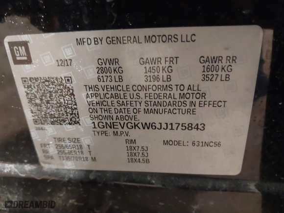 2018 Chevrolet Traverse LT Cloth with VIN 1GNEVGKW6JJ175843, listed as a IAAI auction lot 41546421 with 173,000 mi miles. Bid and sale history available at carsss.com. Image 9.