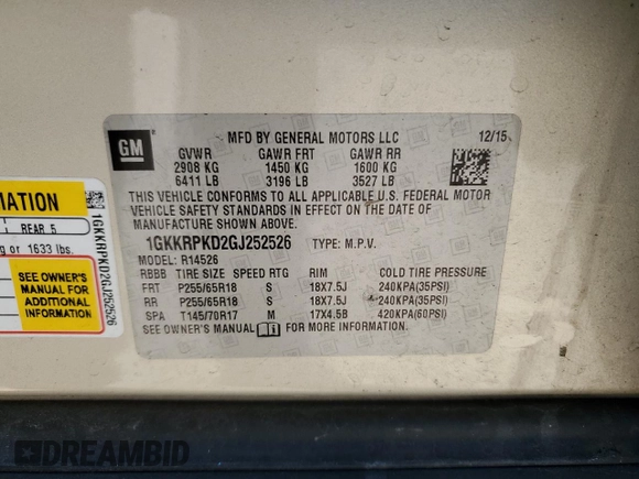 2016 GMC Acadia SLE with VIN 1GKKRPKD2GJ252526, listed as a Copart auction lot 46038735 with 194,343 mi miles and Salvage Title. Bid and sale history available at carsss.com. Image 14.