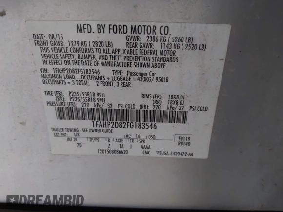 2015 Ford Taurus SE with VIN 1FAHP2D82FG183546, listed as a IAAI auction lot 41915780 with 72,773 mi miles and . Bid and sale history available at carsss.com. Image 9.