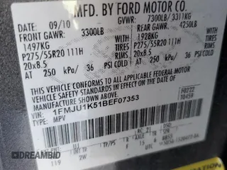 2011 Ford Expedition Limited with VIN 1FMJU1K51BEF07353, listed as a Copart auction lot 57209775 with Not provided miles and Salvage title. Bid and sale history available at DreamBid. Image 12.