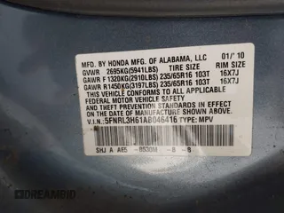 2010 Honda Odyssey EX-L with VIN 5FNRL3H61AB046416, listed as a IAAI auction lot 42157812 with 129,525 mi miles and . Bid and sale history available at DreamBid. Image 9.