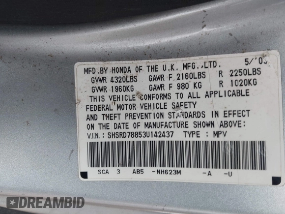 2003 Honda CR-V EX with VIN SHSRD78853U142437, listed as a IAAI auction lot 42015819 with 217,410 mi miles and . Bid and sale history available at carsss.com. Image 9.