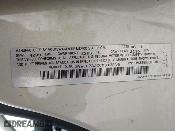 2012 Volkswagen Jetta TDI w/Premium with VIN 3VWLL7AJ2CM317216, listed as a IAAI auction lot 41731204 with 320,474 mi miles and . Bid and sale history available at DreamBid. Image 9.