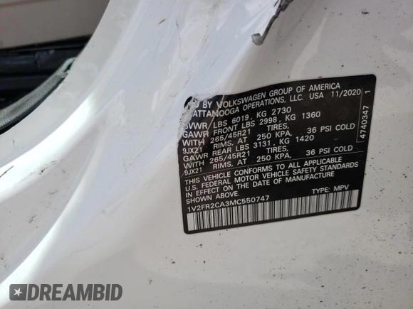 2021 Volkswagen Atlas SEL Premium R-Line with VIN 1V2FR2CA3MC550747, listed as a Copart auction lot 57286075 with Not provided miles and Salvage title. Bid and sale history available at DreamBid. Image 14.