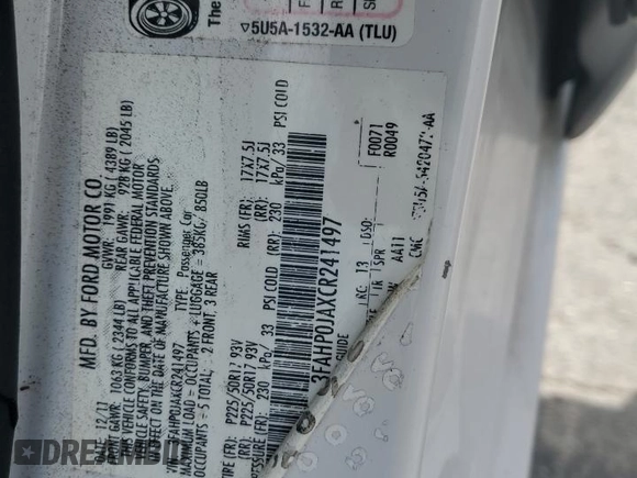 2012 Ford Fusion SEL z VIN 3FAHP0JAXCR241497, wystawiony jako Copart lot #58884165 z przebiegiem 100 813 mil mil oraz Szkoda całkowita • Salvage title. Historia ofert i sprzedaży dostępna na DreamBid. Obrazek 13.