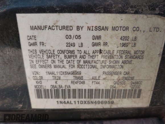 2005 Nissan Altima 2.5 S with VIN 1N4AL11DX5N496959, listed as a IAAI auction lot 41801631 with 190,433 mi miles. Bid and sale history available at carsss.com. Image 9.