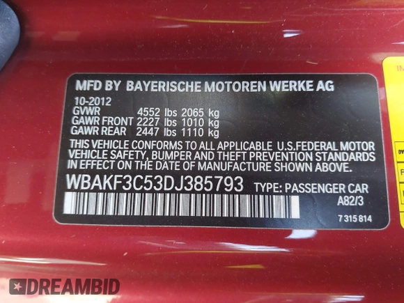 2013 BMW 3 Series 328i xDrive with VIN WBAKF3C53DJ385793, listed as a IAAI auction lot 41665820 with 137,910 mi miles. Bid and sale history available at carsss.com. Image 9.