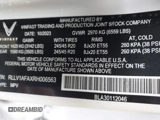 2024 VinFast VF 8 Plus с VIN RLLV1AFAXRH006563, выставлен на аукционе IAAI как лот 42237415 с пробегом 9 667 миль миль и . История ставок и продаж доступна на DreamBid. Изображение 9.