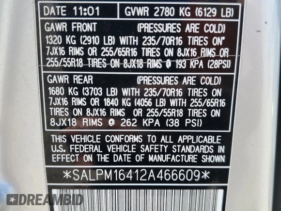 2002 Land Rover Range Rover with VIN SALPM16412A466609, listed as a Copart auction lot 59976045 with 91,547 mi miles and Salvage title. Bid and sale history available at DreamBid. Image 13.