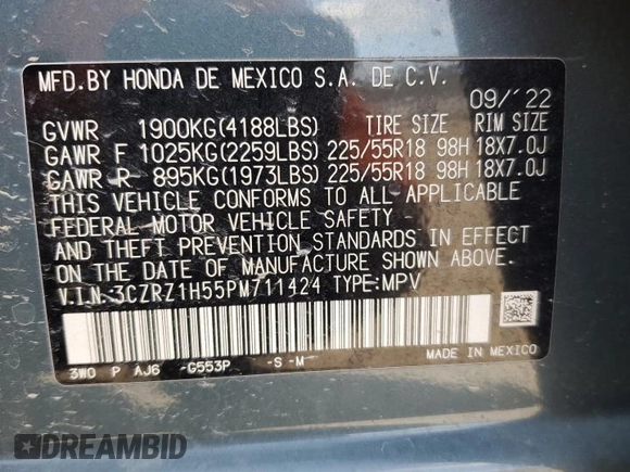 2023 Honda HR-V Sport with VIN 3CZRZ1H55PM711424, listed as a Copart auction lot 85535004 with 45,913 mi miles and Salvage Title. Bid and sale history available at carsss.com. Image 15.