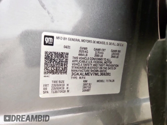 2021 GMC Terrain SLE with VIN 3GKALMEV7ML369281, listed as a Copart auction lot 64128775 with 71,111 mi miles and Clean title. Bid and sale history available at DreamBid. Image 14.
