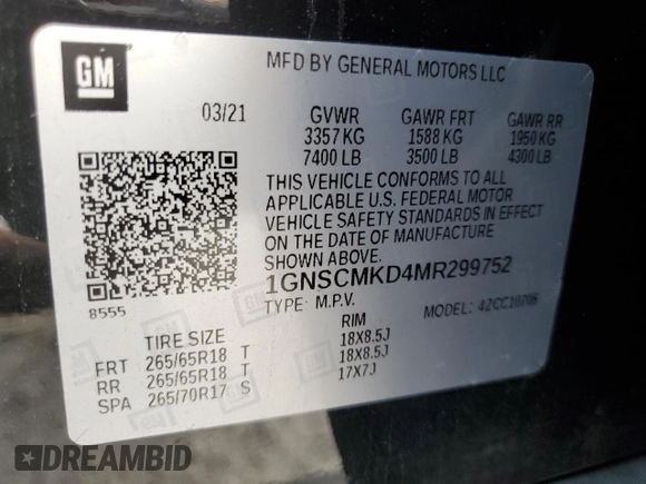 2021 Chevrolet Tahoe LS with VIN 1GNSCMKD4MR299752, listed as a Copart auction lot 50038445 with 69,349 mi miles and Salvage title. Bid and sale history available at DreamBid. Image 13.