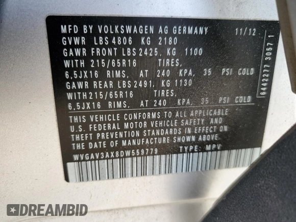 2013 Volkswagen Tiguan S with VIN WVGAV3AX8DW559779, listed as a Copart auction lot 87512845 with 79,169 mi miles and Salvage title. Bid and sale history available at DreamBid. Image 15.