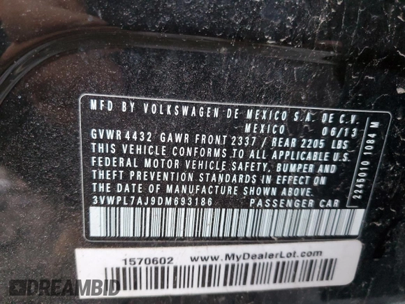 2013 Volkswagen Jetta TDI w/Sunroof with VIN 3VWPL7AJ9DM693186, listed as a Copart auction lot 52592745 with 98,743 mi miles and Salvage title. Bid and sale history available at DreamBid. Image 12.
