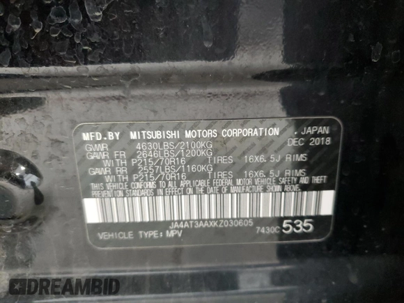 2019 Mitsubishi Eclipse Cross ES z VIN JA4AT3AAXKZ030605, wystawiony jako Copart lot #51890025 z przebiegiem 141 489 mil mil oraz Szkoda całkowita • Salvage title. Historia ofert i sprzedaży dostępna na DreamBid. Obrazek 14.