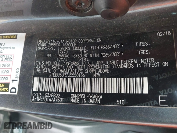 2018 Toyota 4Runner SR5 with VIN JTEBU5JR7J5550156, listed as a IAAI auction lot 41838265 with 171,242 mi miles and . Bid and sale history available at DreamBid. Image 9.
