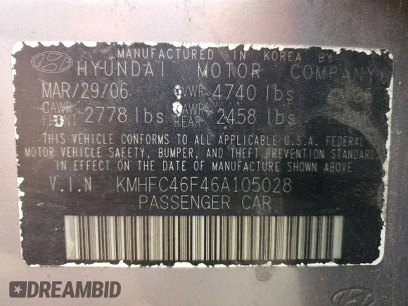 2006 Hyundai Azera SE with VIN KMHFC46F46A105028, listed as a Copart auction lot 59569815 with 219,201 mi miles and Salvage title. Bid and sale history available at DreamBid. Image 13.
