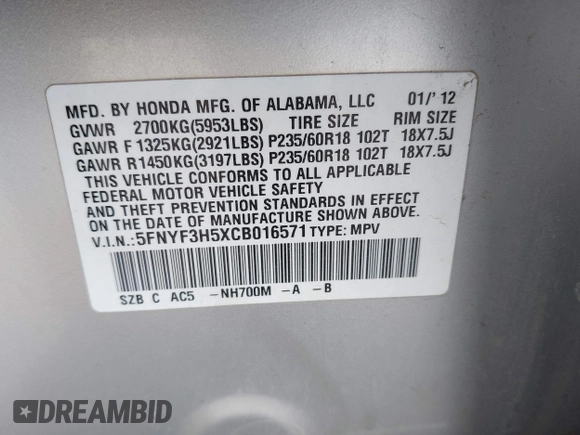 2012 Honda Pilot EX-L with VIN 5FNYF3H5XCB016571, listed as a IAAI auction lot 41905676 with 146,457 mi miles. Bid and sale history available at carsss.com. Image 9.